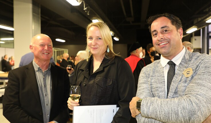 Florence McNeill after being presented her NZILA Award of Excellence with Boyden Evans (left) and Bruno Marques.