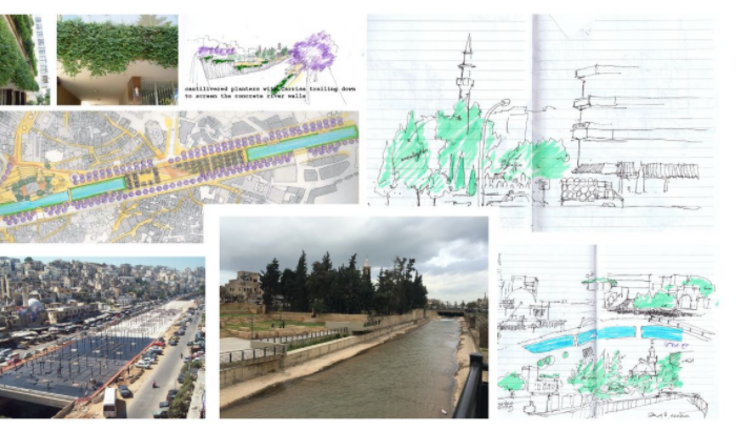Project. Rehabilitation of the Abu Ali River, Tripoli, Lebanon, 2005-06 (collaboration with URBI Planners). The landscape concept overcomes the rupture through a planted bridge-platform and by converting the Bortasi historic mosque into a stepped garden to open access to the river.
