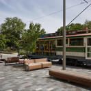 Avon River Bench suite alongisde the tram tracks.
Photography  Mark Scowen for LandLAB.