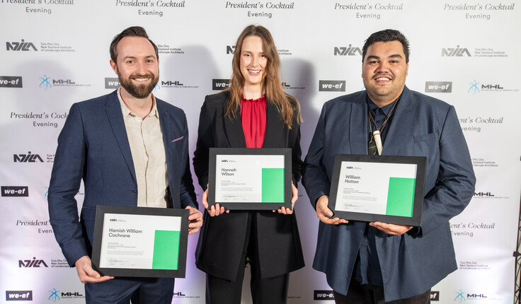 Hamish Cochrane, Hannah Wilson and William Hatton after receiving their Registration Certificates at the 2023 President's Cocktail Evening.