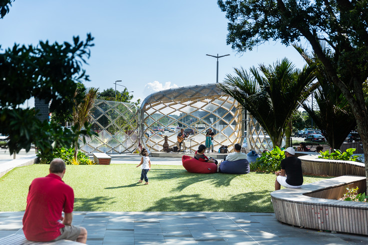 The Plaza, a flexible event space with the Pod providing a sheltered stage performance space. Image Credit: Nathan Young, Wraight + Associates