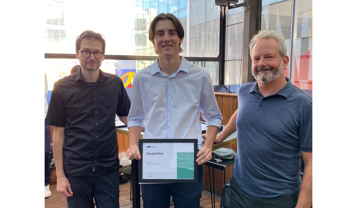 Daniel Watt being presented the NZILA Award of Excellence 2022 by Dr Andreas Wesener - Senior Lecturer, School of Landscape Architecture and Matt Lester NZILA Canterbury/Westland Branch Chair.
