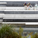 Front view of the Terraces with a literature sculpture by Apirana Taylor.
Photography Thomas Sear-Budd for LandLAB.