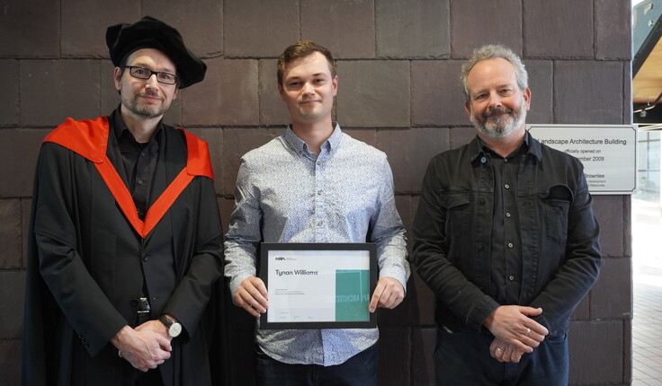 Tynan Williams being presented the NZILA Award of Excellence 2021 by Dr Andreas Wesener - Senior Lecturer, School of Landscape Architecture and Matt Lester NZILA Canterbury/Westland Branch Chair.