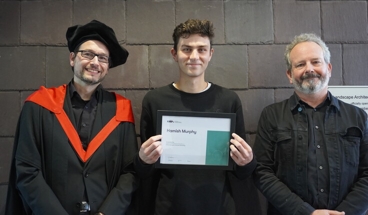 Hamish Murphy being presented the NZILA Award of Excellence 2021 by Dr Andreas Wesener - Senior Lecturer, School of Landscape Architecture and Matt Lester NZILA Canterbury/Westland Branch Chair.