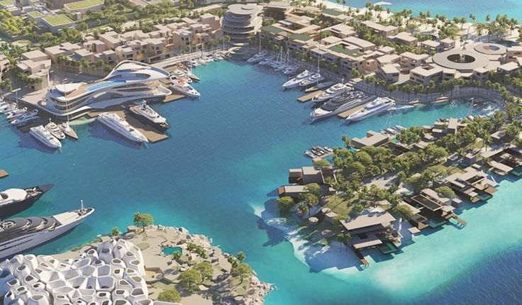 Triple Bay Marina Village and marine life institute in the lower left foreground and the Yacht Club anchoring the most urban precinct of the overall Triple Bay masterplan.