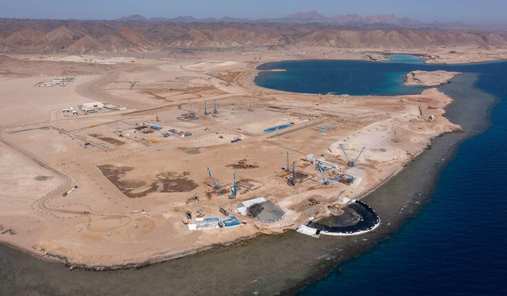 Triple Bay’s Marina Village Precinct showing recent construction progress with the Super Yacht Marina over excavation, the associated cofferdam & Marina Life Institute sites all well underway.