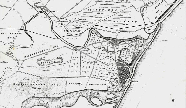 Map: Ngaruroro Map pre-major flood of 1867. The site is located where the Waitangi Creek flows from the north to meet the estuary.