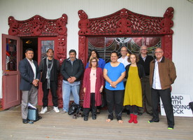 Hui 2016 at Tānenuiarangi Wharenui, Waipapa Marae, University of Auckland to identify potential scenarios for the video resources.
Left to right: Thomas De Thierry (Oruawhenua Kaipara, CEO of Te Hana Te Ao Marama, part of Ngāti Whātua), Dr. Vincent Malcolm-Buchanan, (Researcher), Tame Te Rangi, (Ngāpuhi and Ngāti Whātua Tūhoronuku Group Representative), Dr. Diane Menzies (NZILA), Asena Tolungamaka, Lena Henry and Professor Andrew Barrie, (UoA School of Architecture and Planning), Dr. Biddy Livesey (Researcher), Neil Challenger (NZILA), Dr. Kepa Morgan (UoA Assoc. Professor Engineering).