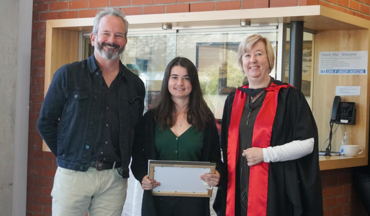 Isobel Happy being presented the NZILA Award for Excellence by Matt Lester with Gillian Lawson.