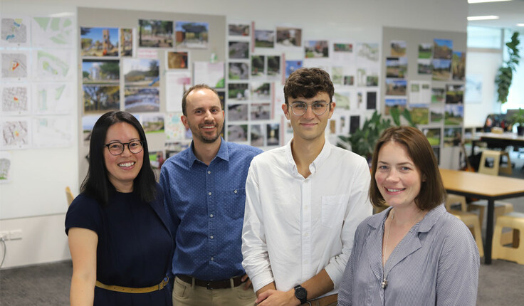 Yoko Tanaka, Technical Leader for Design at Boffa Miskell and colleagues Alex Smith and Julia Wick congratulate Hamish Murphy (third from left) on receiving the NZILA Robin Gay Award. Photo credit - Boffa Miskell