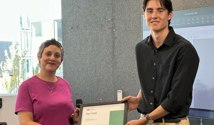 Daniel Watt being presented with the NZILA Excellence Award 2023 by Nada Touer (NZILA Canterbury Branch Committee member and Lincoln University Landscape Architecture School senior lecturer).