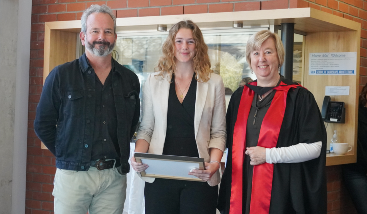 Alexandra Rooney being presented the NZILA Award for Excellence by Matt Lester with Gillian Lawson.