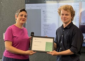 Josh Whelan being presented with the NZILA Excellence Award 2023 by Nada Touer (NZILA Canterbury Branch Committee member and Lincoln University Landscape Architecture School senior lecturer).