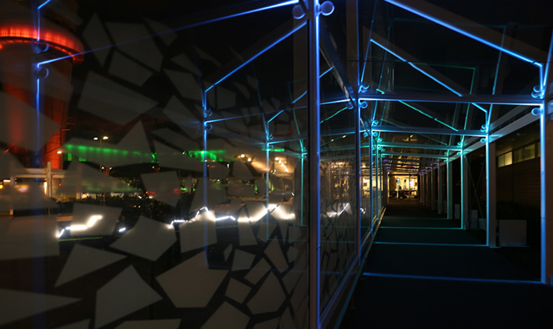 ‘Echoes’ is an interactive experience which senses movement throughout the walkway and transfers it into sound and light. The speed and direction of the pulses is triggered by the visitor.
