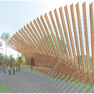 Conceptual timber shelter with seating for Manukiri, depicting whale ribs.