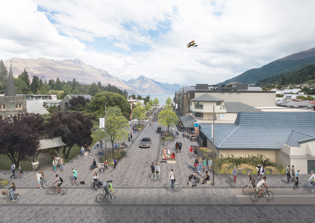 Looking along Church Street towards Lake Wakatipu showing proposed streetscape enhancements, improved lakefront connections and open space upgrades around St Peters Church_
