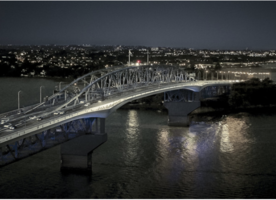 The Auckland Harbour Bridge by night.