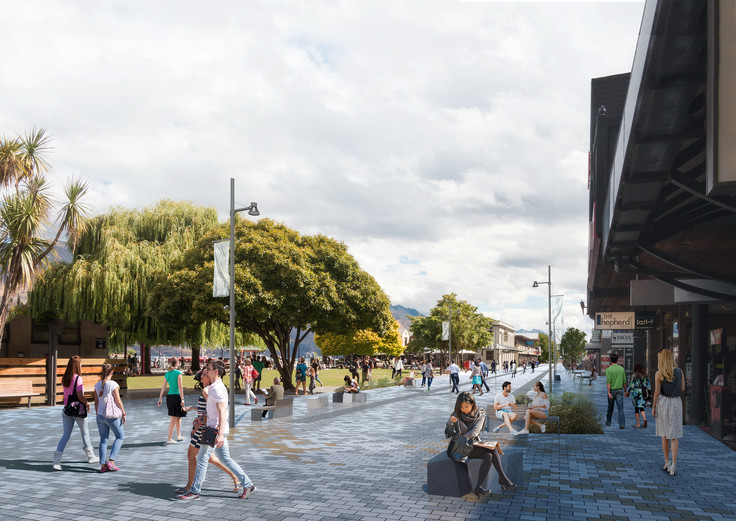 Looking south along Beach Street showing
an improved interface to Earnslaw Park and proposed shared space upgrade, supporting community gathering and events_
