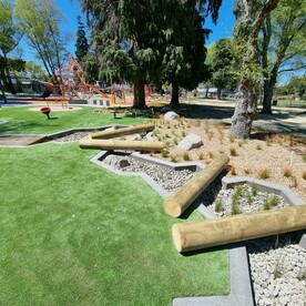 View across ‘Whanganui River’ water play elements towards Tongaririo