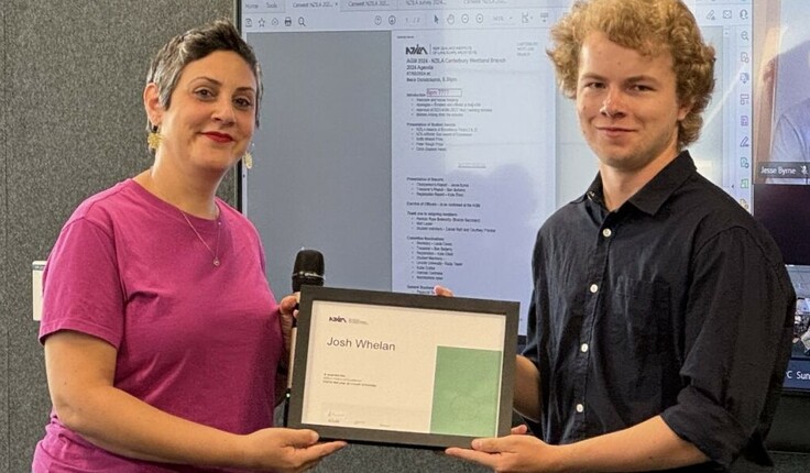 Josh Whelan being presented with the NZILA Excellence Award 2023 by Nada Touer (NZILA Canterbury Branch Committee member and Lincoln University Landscape Architecture School senior lecturer).
