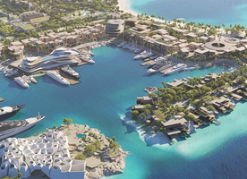 Triple Bay Marina Village and marine life institute in the lower left foreground and the Yacht Club anchoring the most urban precinct of the overall Triple Bay masterplan.