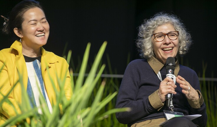 Kotchakorn Voraakhom and Jala Makhzoumi during the debate chaired by Judge David Kirkpatrick.