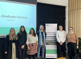 From left to right: Holly Stitt from WSP, Zhijun Lily Guo from Auckland Council, Divya Bishnoi from LandLAB, Nicholas Fortier from Rough & Milne, Hannah Carson from Isthmus and Nicole Tune from Boffa Miskell