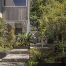 Courtyard steps and dark grey powder-coated steel planters