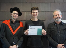 Hamish Murphy being presented the NZILA Award of Excellence 2021 by Dr Andreas Wesener - Senior Lecturer, School of Landscape Architecture and Matt Lester NZILA Canterbury/Westland Branch Chair.
