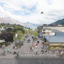 Looking along Church Street towards Lake Wakatipu showing proposed streetscape enhancements, improved lakefront connections and open space upgrades around St Peters Church_
