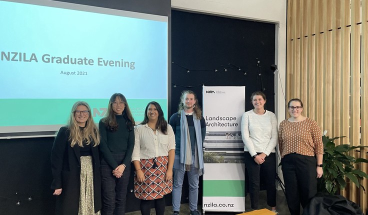 From left to right: Holly Stitt from WSP, Zhijun Lily Guo from Auckland Council, Divya Bishnoi from LandLAB, Nicholas Fortier from Rough & Milne, Hannah Carson from Isthmus and Nicole Tune from Boffa Miskell