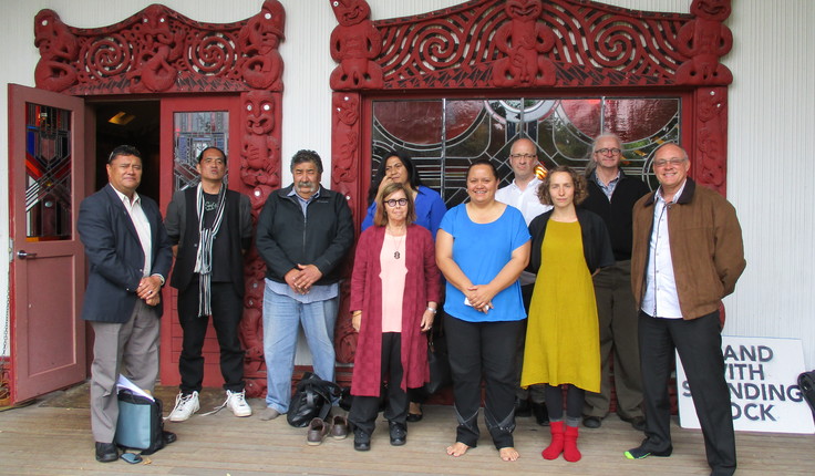 Hui 2016 at Tānenuiarangi Wharenui, Waipapa Marae, University of Auckland to identify potential scenarios for the video resources.
Left to right: Thomas De Thierry (Oruawhenua Kaipara, CEO of Te Hana Te Ao Marama, part of Ngāti Whātua), Dr. Vincent Malcolm-Buchanan, (Researcher), Tame Te Rangi, (Ngāpuhi and Ngāti Whātua Tūhoronuku Group Representative), Dr. Diane Menzies (NZILA), Asena Tolungamaka, Lena Henry and Professor Andrew Barrie, (UoA School of Architecture and Planning), Dr. Biddy Livesey (Researcher), Neil Challenger (NZILA), Dr. Kepa Morgan (UoA Assoc. Professor Engineering).
